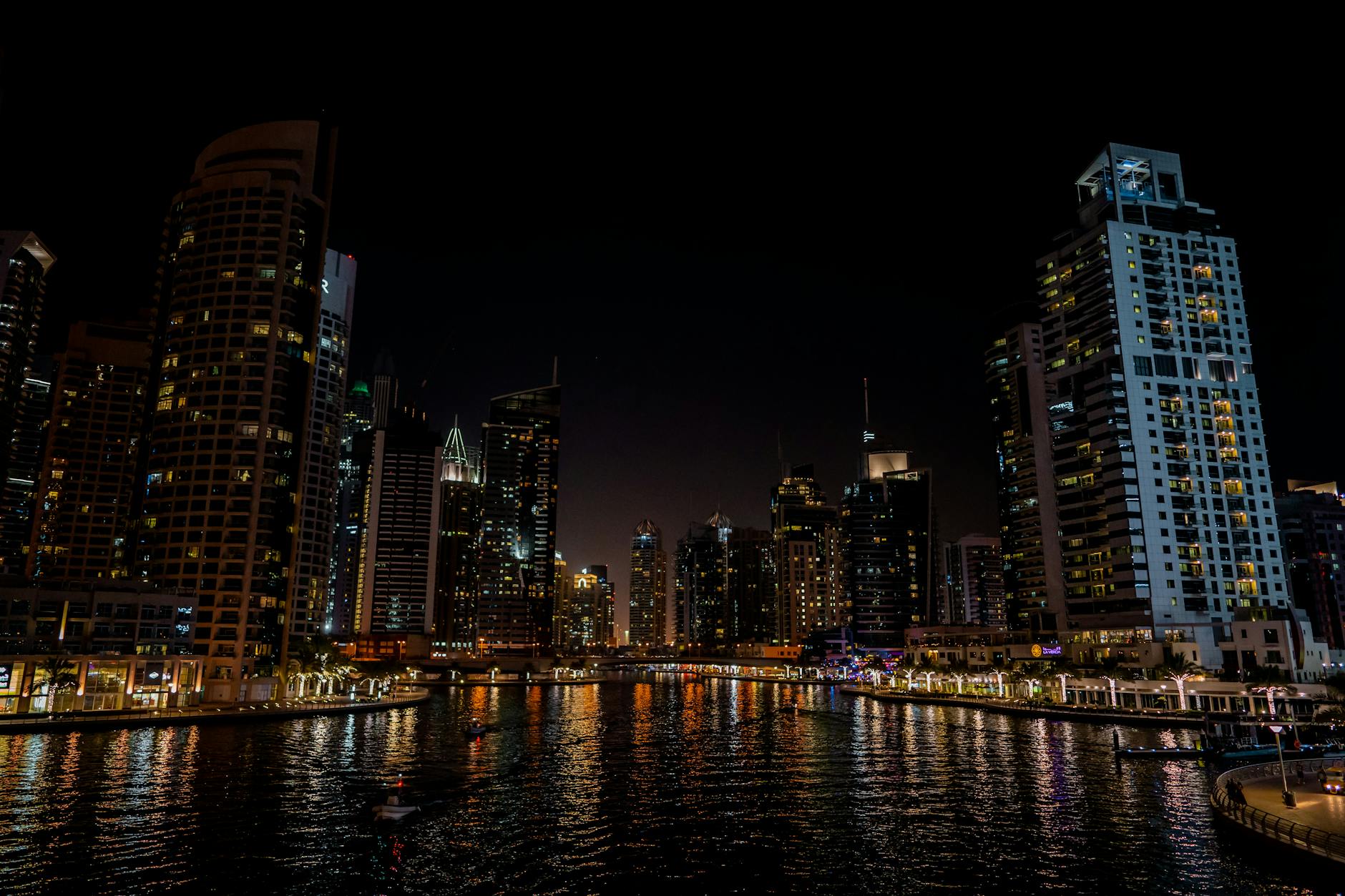 Dubai Marina waterfront glowing at night